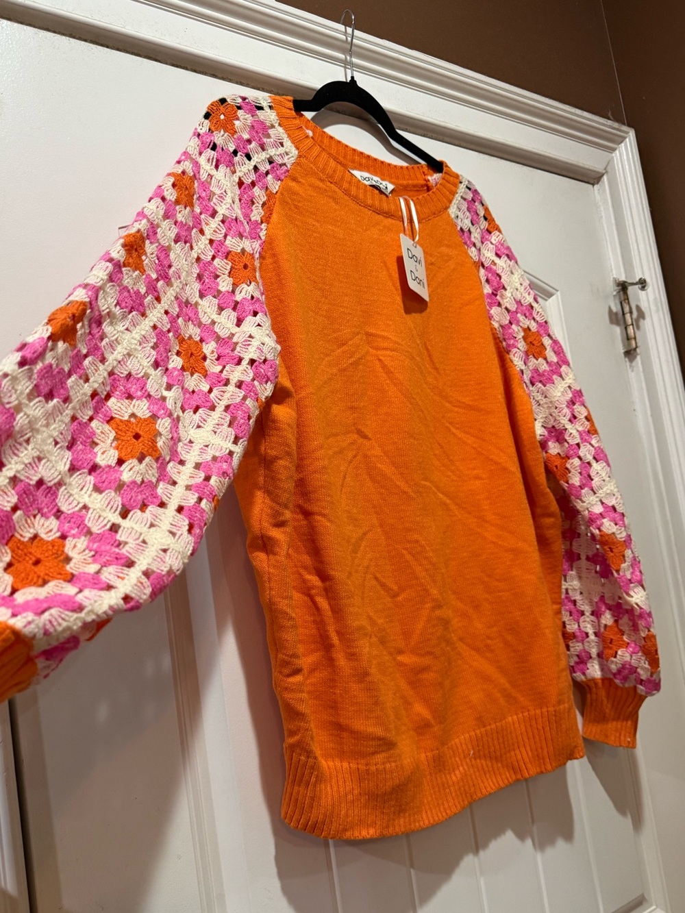 DAVI & DANI Orange Knit Sweater with Pink and Cream Crochet Sleeves - Picture 3 of 7